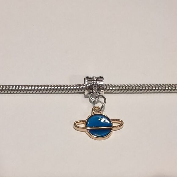 Silver‎ Gold Blue Saturn Planet Enamel Dangle Charm for Pandora Style Bracelet - Picture 2 of 4